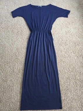 Overmal Navy Blue Elastic Waist Maxi Dress with Pockets & Slit Size M